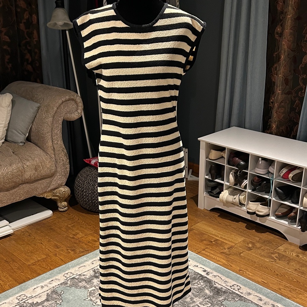 Bluivy Striped Black and Cream Midi Dress